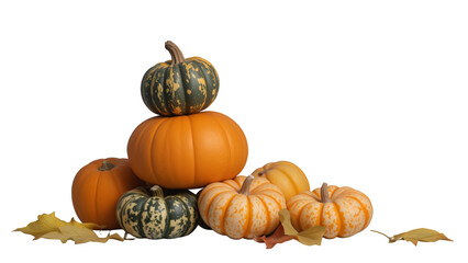 Three small orange pumpkins with autumn leaves in yellow, orange, and red on white background, cozy seasonal composition symbolizing harvest, fall, and festive warmth.
