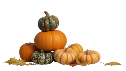 Three small orange pumpkins with autumn leaves in yellow, orange, and red on white background, cozy seasonal composition symbolizing harvest, fall, and festive warmth.