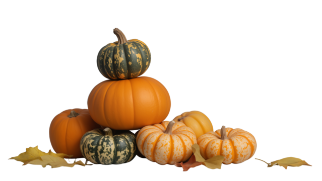 Three small orange pumpkins with autumn leaves in yellow, orange, and red on white background, cozy seasonal composition symbolizing harvest, fall, and festive warmth.