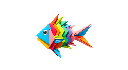 Colorful origami fish floating against a stark black studio background image