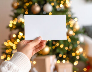 A hand holds a pristine blank Christmas card, ready for a personalized message or design, set against a beautifully decorated festive tree sparkling with warm holiday lights