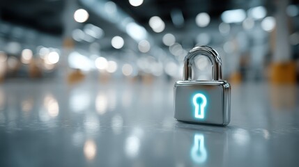 A shiny padlock with a glowing keyhole stands on a smooth surface, surrounded by a blurred background, symbolizing security and protection.