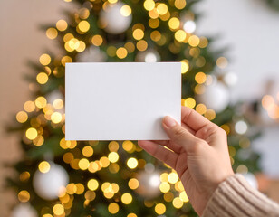 Hand Holds a Blank Card Before a Christmas Tree's Festive Glow, Ready for Holiday Wishes
