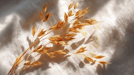 Golden Whispers: A delicate, sunlit cluster of dry grass dances atop a textural canvas, its intricate details and soft shadows conveying a sense of serenity.