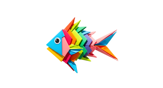 Colorful origami fish floating against a stark black studio background image