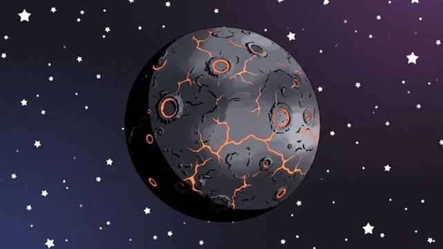 Planet formation animation: asteroids merge into a molten core, evolving into a volcanic, cratered planetoid with glowing lava cracks against a starry space background.