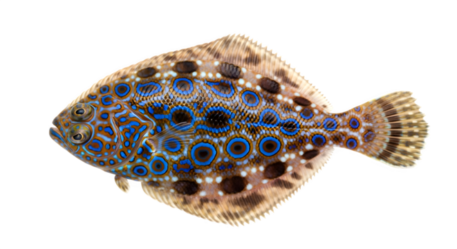 Beautiful peacock flounder with vibrant blue and brown spots
