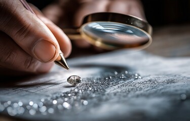 Careful gemstone quality inspection by jewelers, using a magnification to grade diamonds