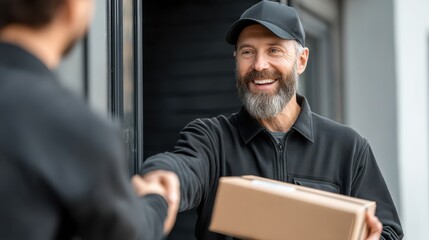 A smiling man in a cap hands over a package while shaking hands with another person, showcasing a friendly delivery interaction.