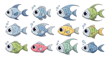 Colorful cartoon fish swimming in a group illustration