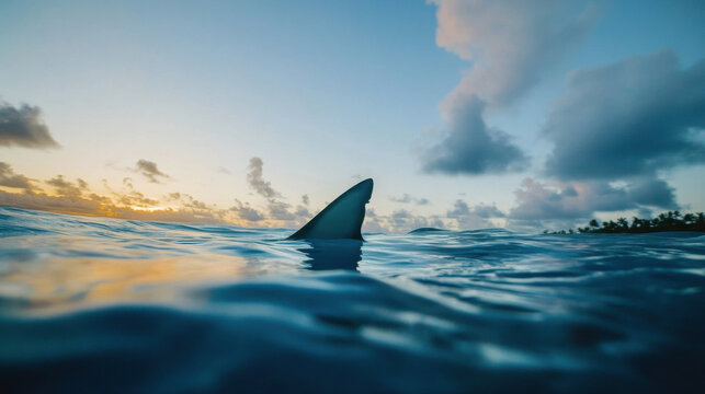 Shark fin breaking the ocean surface at sunset