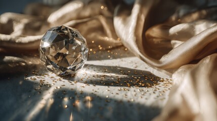 Diamond in Silk: A radiant diamond sits amidst the soft folds of silk fabric. Its facets shimmer as light plays across the surface. A symbol of luxury, elegance, and timeless beauty.