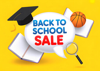 “A playful white speech bubble showcases 3D ‘Back to School Sale’ lettering, decorated with colorful school supplies against a gentle yellow background.”