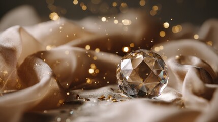 Golden Gem Brilliance: A radiant, faceted gem shimmers atop luxurious, flowing fabric, surrounded by a constellation of golden particles, evoking elegance and opulence.