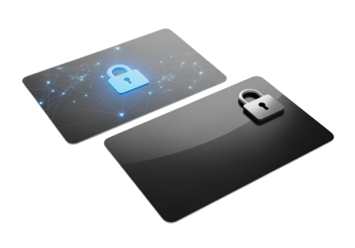 Digital payment card set with lock icon isolated on transparent background