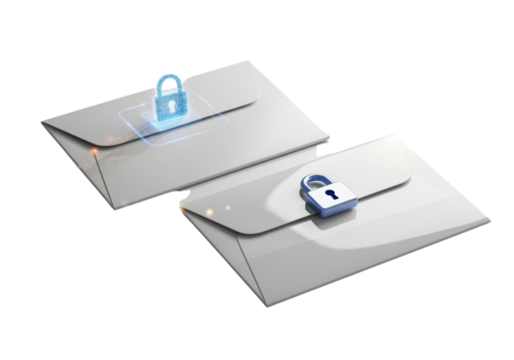 Digital privacy envelope set with padlock isolated on transparent background