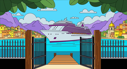 Fototapeta premium Grand cruise ship arriving at a picturesque coastal town with inviting gates and vibrant mountains.