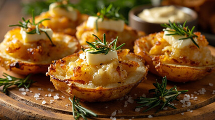 Appetizing Close-up of Loaded Potato Skin Halves Garnished with Rosemary