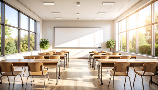Bright and modern empty classroom awaiting new lessons, bathed in natural light, a pristine learning environment poised for future education