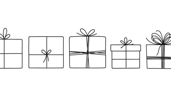 Collection of various simple line art gift boxes with ribbons and bows, isolated on white.
