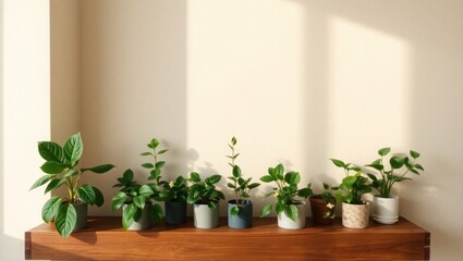 Lush green houseplants arranged on a wooden shelf with soft light