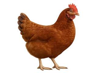 Brown chicken standing and looking towards the right. Farm animal with red comb and wattle on a transparent background