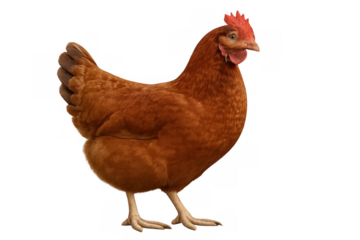 Brown chicken standing and looking towards the right. Farm animal with red comb and wattle on a transparent background