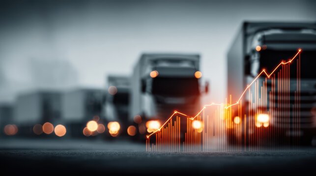 A blurred image of trucks with a rising graph overlay, symbolizing growth in the transport and logistics industry. - Powered by Adobe