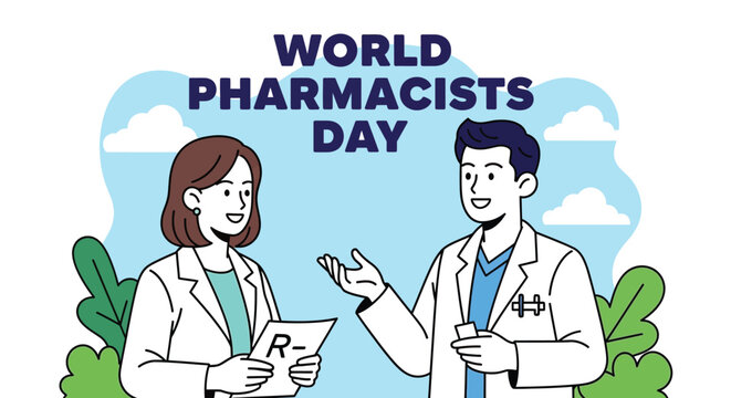 Two friendly pharmacists in white coats discussing medication on World Pharmacists Day - Powered by Adobe
