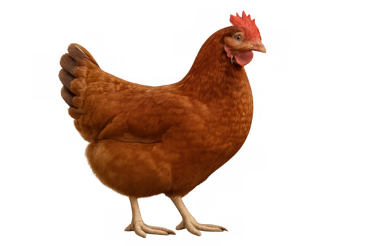 Brown chicken standing and looking towards the right. Farm animal with red comb and wattle on a transparent background