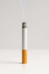 Single lit cigarette standing upright on a glossy white surface minimal concept with glowing tip and soft smoke trail
