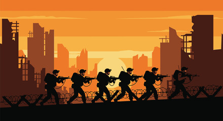 Soldiers march through a desolate, war-torn city at sunset, their silhouettes stark against the orange sky.