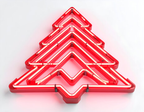 A glowing red neon Christmas tree sign, perfect for festive decorations and holiday promotions, illuminated and isolated on a clean white background