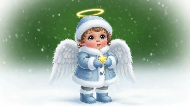Cute baby angel with wings and halo holding a star in winter