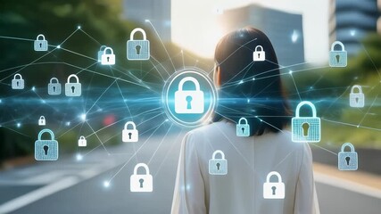 Woman in city landscape with digital security icons representing technology and privacy concepts - Powered by Adobe