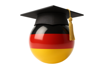 German Education Concept: Sphere with German Flag Wearing a Graduation Cap and Gold Tassel, Isolated 3D Render
