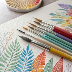 Array of colorful watercolor brushes on painted paper