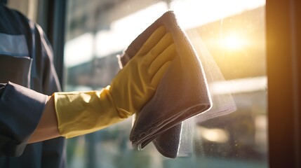 Close-up of a gloved hand cleaning a window with a microfiber cloth in natural sunlight