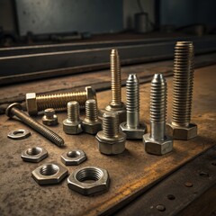 Assortment of Shiny Metallic Screws and Bolts on a Rusty Surface