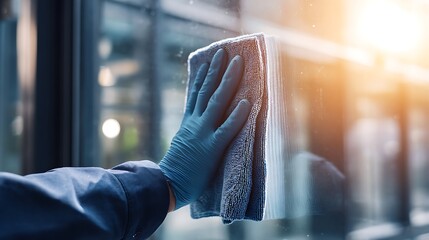 Cleaning service worker wiping glass window with rag on a sunny day