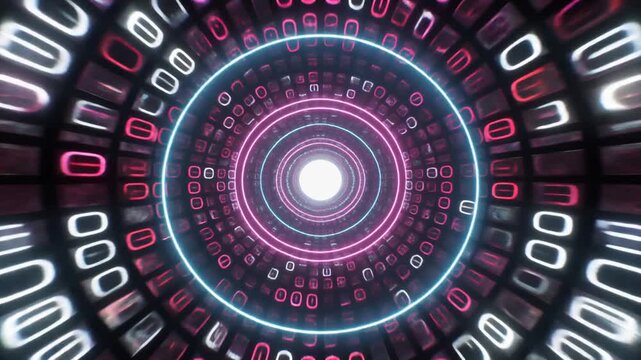 Dynamic digital tunnel animation with glowing neon lights and binary code details