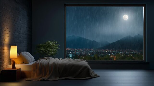 Cozy bedroom with rain view and moonlight illuminating serene night atmosphere