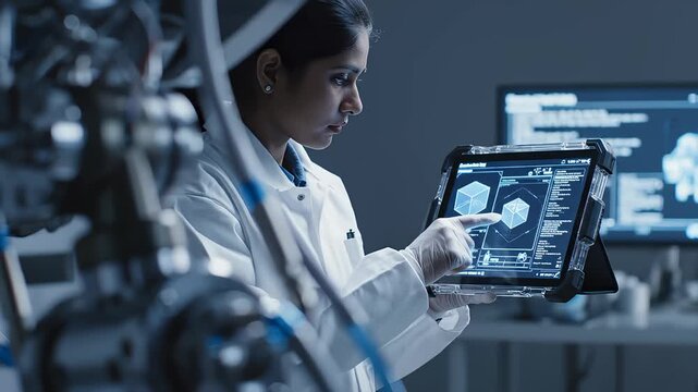 Engineer Analyzes 3d Model on Tablet Computer in Laboratory Setting