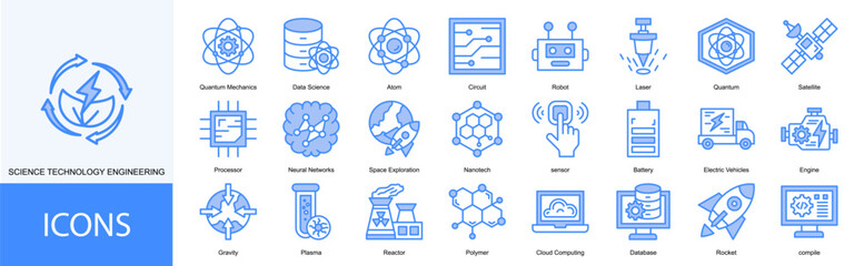 sciene technology engineering icon collection set. Containing Quantum Mechanics, Data Science, Atom, Circuit, Robot, Laser, Quantum, Satellite, Processor icon