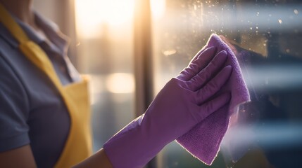 Professional cleaning service worker wearing gloves and apron wiping a window with a cloth during sunset