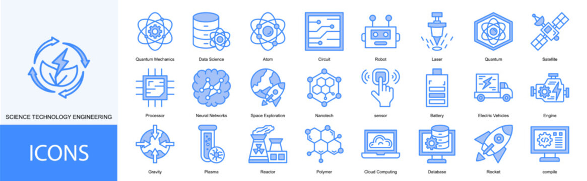 sciene technology engineering icon collection set. Containing Quantum Mechanics, Data Science, Atom, Circuit, Robot, Laser, Quantum, Satellite, Processor icon