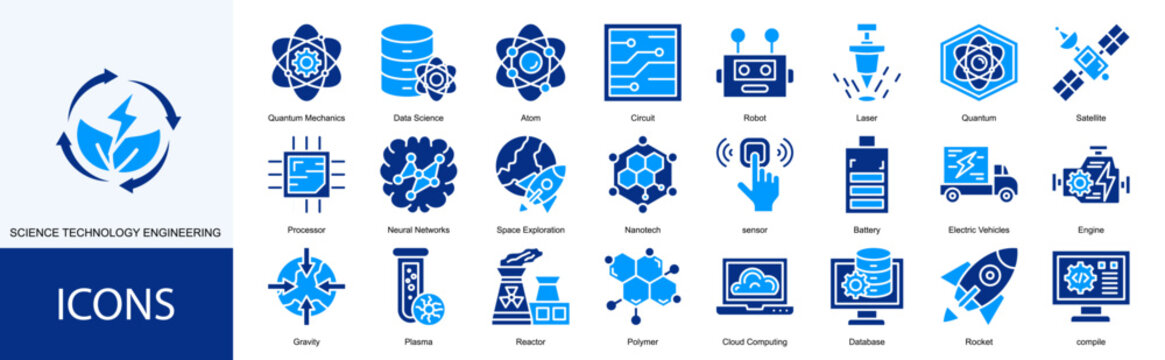 sciene technology engineering icon collection set. Containing Quantum Mechanics, Data Science, Atom, Circuit, Robot, Laser, Quantum, Satellite, Processor icon