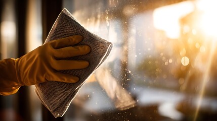 Gloved hand of a diligent professional cleaner meticulously wipes a window with a cloth, creating a sparkling, streak-free surface illuminated by bright, natural sunlight