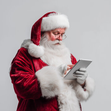 Santa Claus embraces modern technology, checking his naughty or nice list on a digital tablet