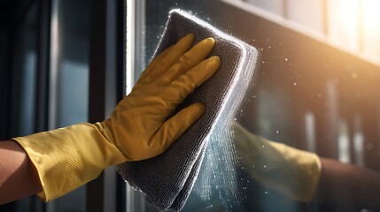 Cleaning Service Worker Wiping a Surface With a Cloth and Spray Cleaner for a Shiny Finish